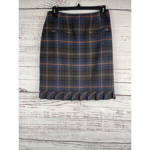 Cabi Skirt Women's 6 Brown Blue Orange Plaid Wool Blend Pleated Hem Career 742